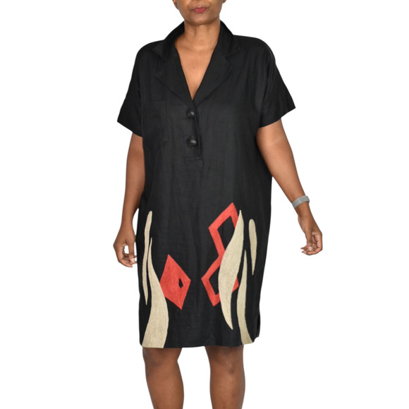 Vintage Andrea Jovine Linen Dress Black Print Abstract Embroidery Cocoon Medium - Picture 8 of 15